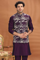 Wine Purple Silk Embroidered Jacket Kurta Pajma Set